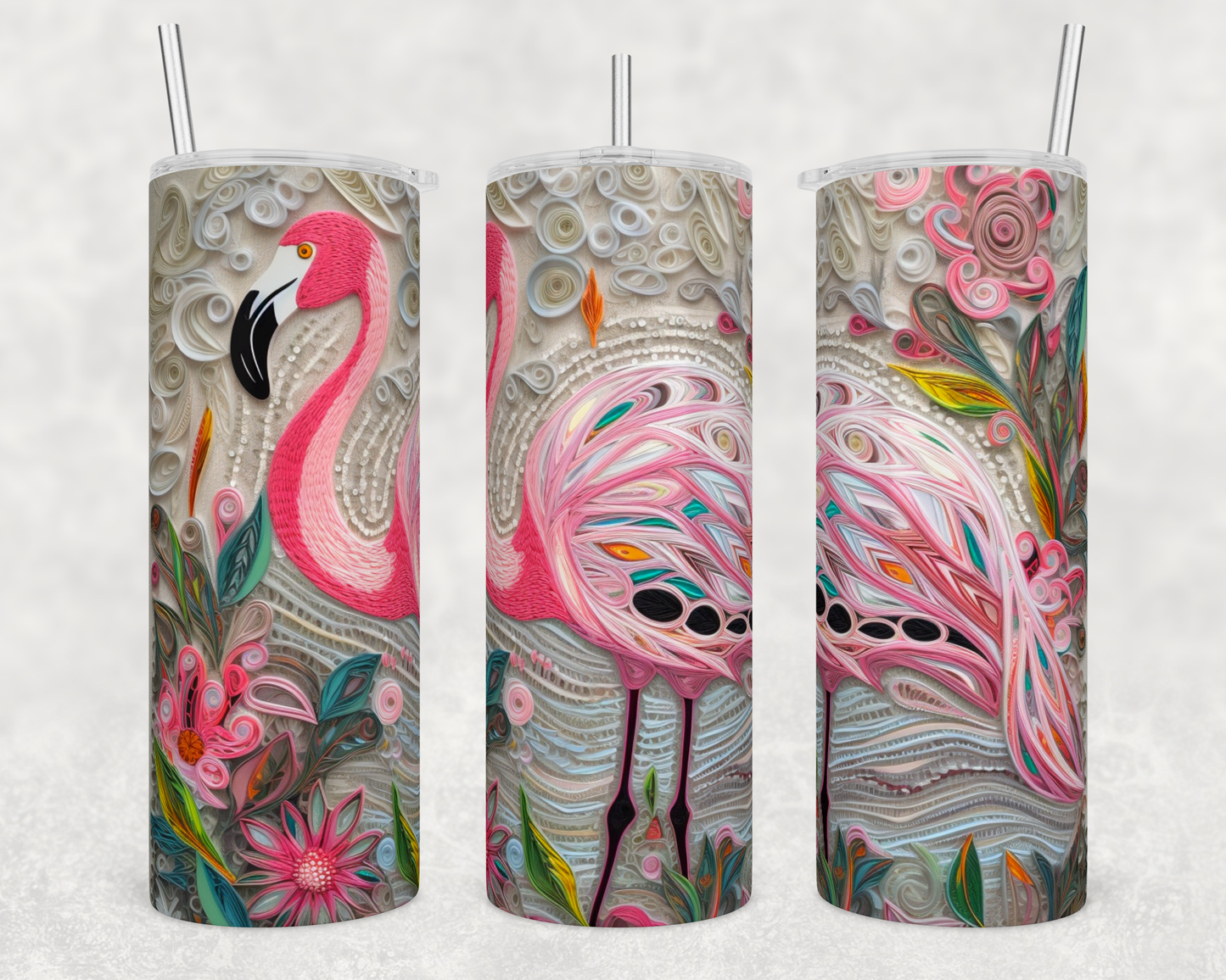 Embroidered Flamingo Skinny Tumbler