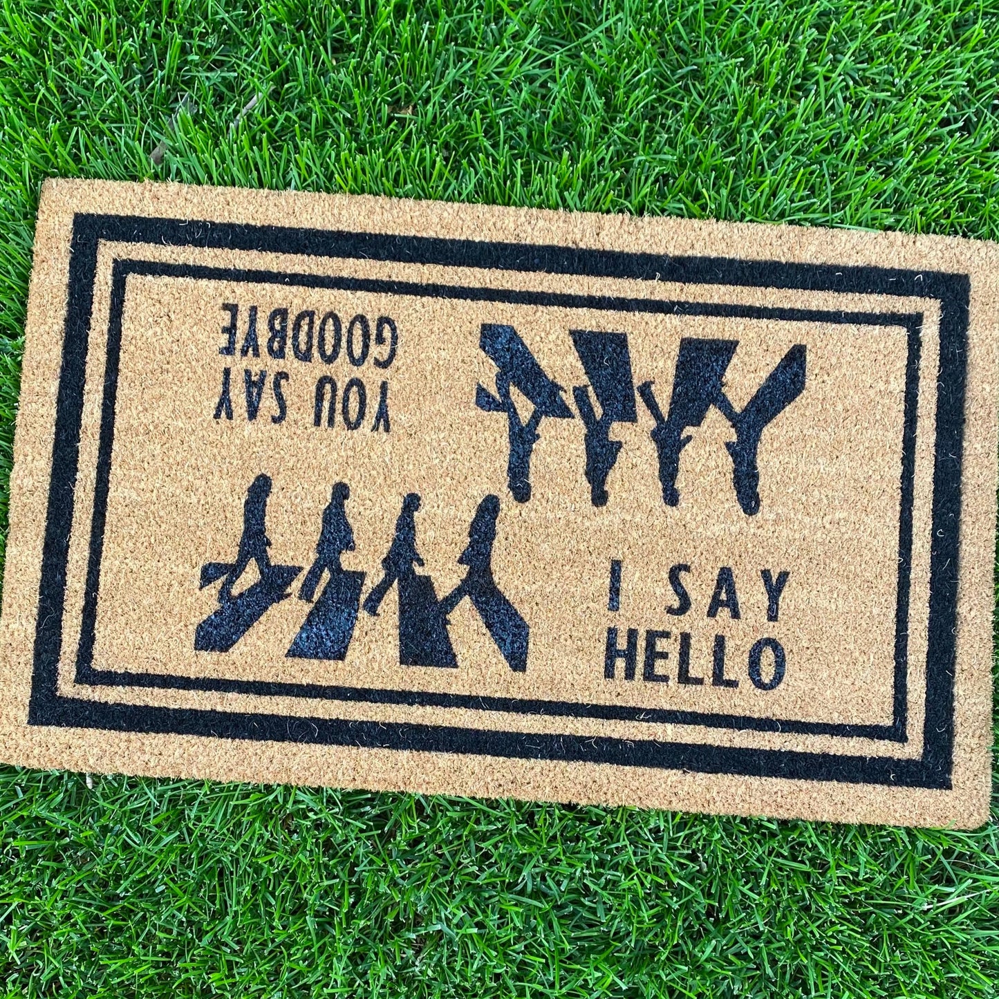 I say hello, You say goodbye door mat